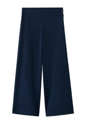 Pantalones cortos de pierna ancha en azul marino con cintura alta y dos botones decorativos en el lado derecho de la cintura.