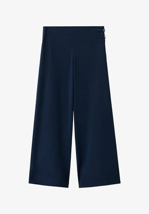 Pantalon large court bleu marine avec taille haute et deux boutons décoratifs sur le côté droit de la ceinture.