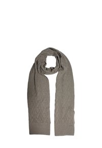 Sciarpa lunga grigia chiaro lavorata a maglia con motivo a rombi testurizzato, realizzata in tessuto morbido, rifinita con un bordo semplice e un marchio discreto.