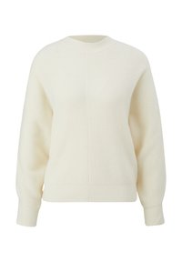 Cremefarvet strikket sweater med ribbet tekstur, rund halsudskæring og lange ærmer med tætsiddende manchetter. Enkel og afslappet pasform.