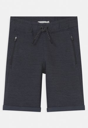 Shorts décontractés bleu marine avec taille à cordon, deux poches latérales zippées et ourlet plié.