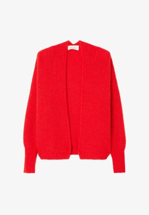 Red knit cardigan with an open front, long sleeves, textured fabric, and ribbed details at the cuffs and hem. Lightweight and cozy design.
