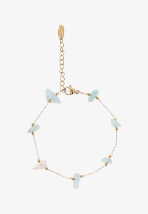 Finom arany lánc karkötő szabálytalan alakú világoskék és egy halvány rózsaszín kőgyönggyel, rákkapoccsal és hosszabbító lánccal.