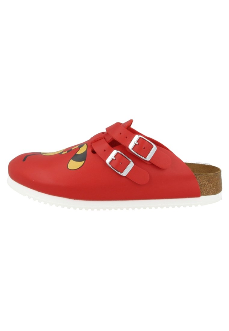 Red slip-on clog with two adjustable silver buckles, a smooth matte finish, and a cork sole. Features a yellow and black bee graphic on the front.