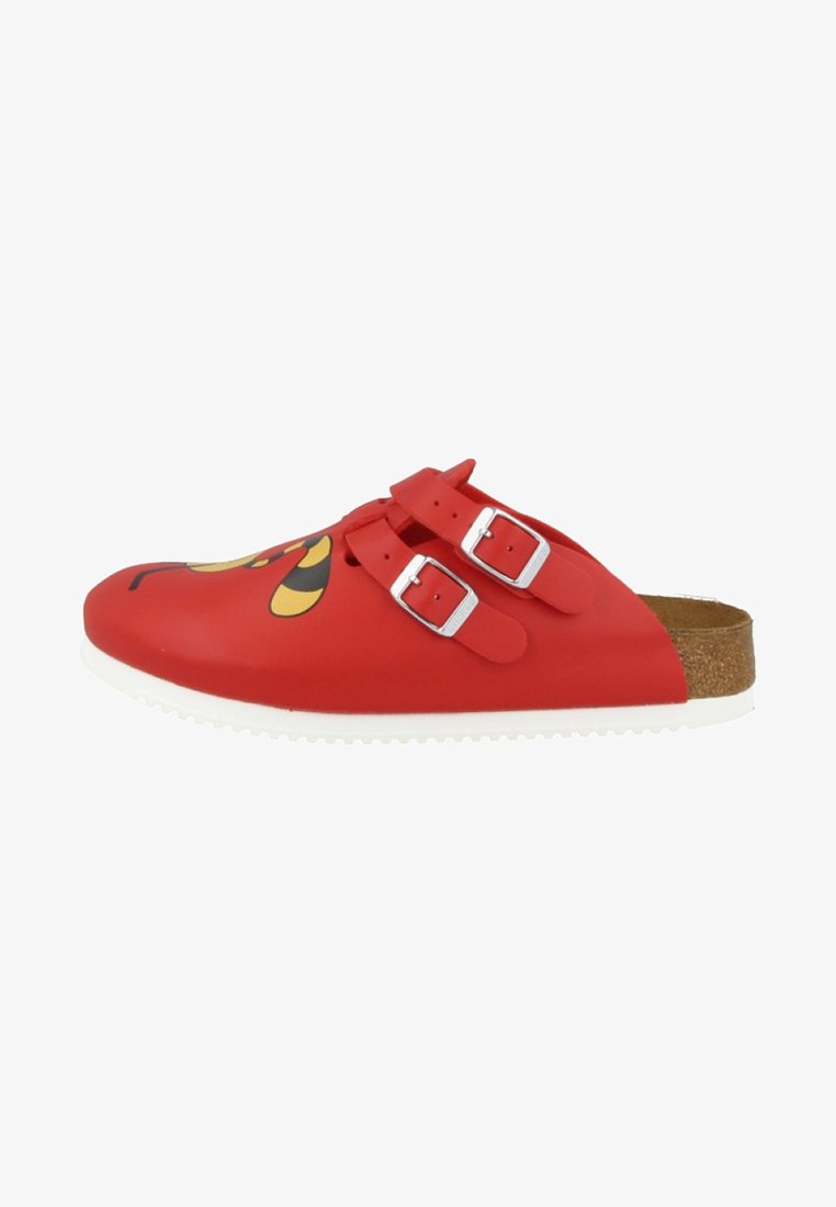 Red slip-on clog with two adjustable silver buckles, a smooth matte finish, and a cork sole. Features a yellow and black bee graphic on the front.