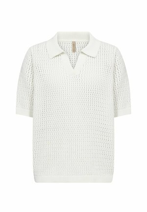 Weißes kurzärmliges Strick-Poloshirt mit einem strukturierten Lochmuster und einem V-Ausschnitt.