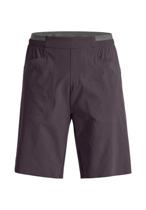 Dark purple men's casual shorts with elastic waistband and side pockets, displayed against a white background.