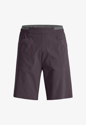 Dark purple men's casual shorts with elastic waistband and side pockets, displayed against a white background.