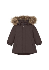 Brun vinterjacka med huva i fuskpäls. Har elastiska ärmslut, två framfickor och knappstängning. Tillverkad av hållbart material.