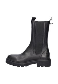 Zwarte leren enkelboot met elastische zijpanelen, een gestructureerde rubberen zool en een trekriem aan de achterkant voor gemakkelijk aan- en uittrekken.