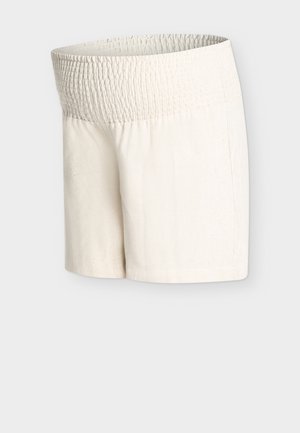 Witte textuurshorts met brede, geplooide elastische tailleband en rechte pijpopening.