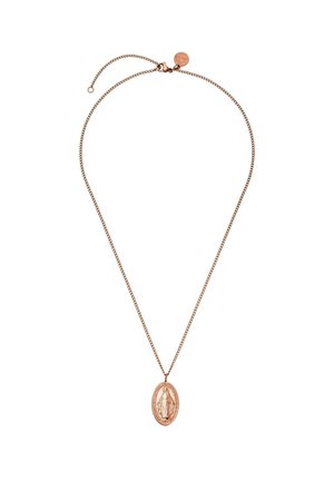 Roségold Halskette mit einem ovalen Anhänger, der eine detaillierte religiöse Figur zeigt, und einem verstellbaren Verschluss mit kleinem rundem Anhänger.