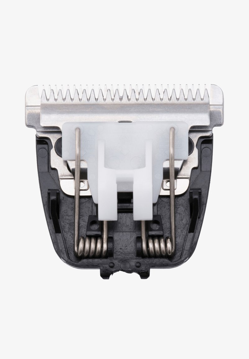 Haarclipperkop van metaal met getande roestvrijstalen mes, witte plastic geleider, zwarte basis en metalen veer voor spanning.