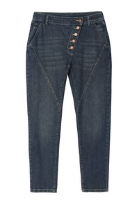 Denim trousers in dark wash with a tapered fit, featuring five buttons on a diagonal placket and angled front pockets. Structured texture.