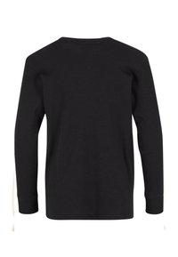 Czarna koszulka z długim rękawem, okrągłym dekoltem, pokazana z tyłu, o prostym, gładkim wzornictwie i ribbowanej strukturze materiału.