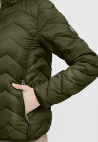 Žalia siuvinėta striukė su chevrono raštu, turi užtrauktuku užsegamą priekinę kišenę, užtrauktuką ir elastingus rankogalius. Glotni nailono medžiaga.