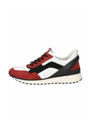 Red and white sneaker featuring suede and leather materials, black accents, round toe, white sole, and black laces.