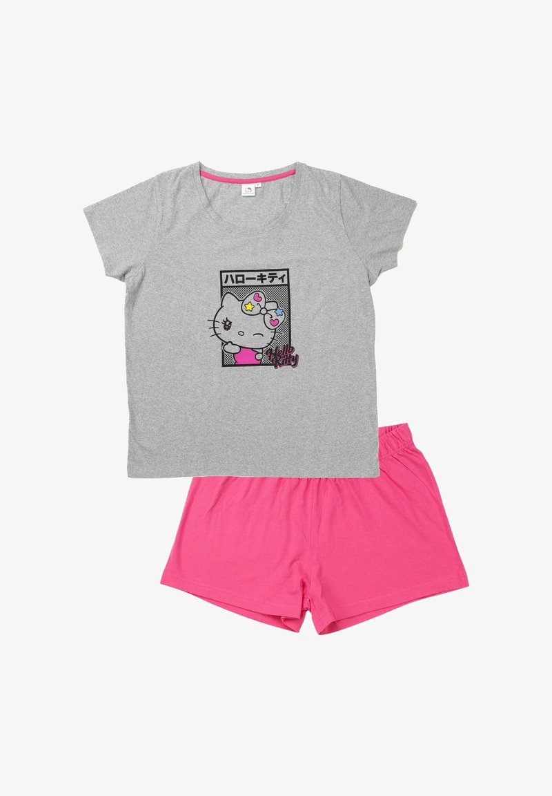 T-shirt grigio a maniche corte con una grafica di Hello Kitty e dettagli rosa, abbinato a pantaloni corti di cotone rosa. Entrambi sono leggeri e casual.