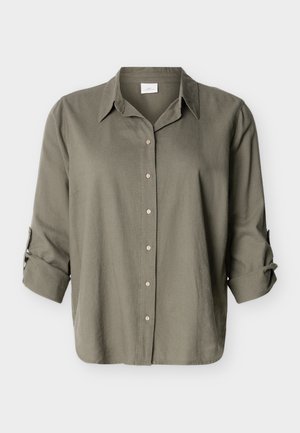 Camicia verde oliva a maniche lunghe con bottoni, colletto, maniche risvoltate fissate da linguette e orlo dritto.