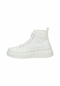 Zapatillas altas blancas con suela de goma texturizada, puntera redonda y parche de logo lateral, con cordones y una pestaña en la parte posterior para facilitar su uso.