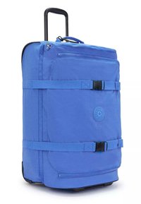 Valigia blu con manico telescopico, due cinghie di compressione, tasca frontale con zip e un logo circolare del marchio sul pannello frontale.