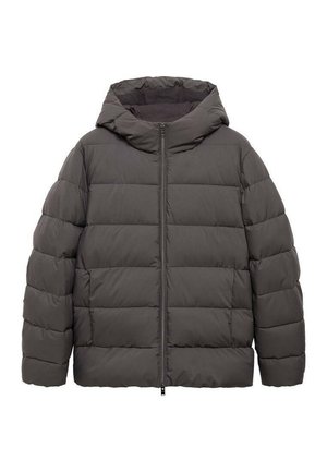 Jachetă gri, captusită, cu glugă, având un fermoar frontal complet și un design matlasat. Textură moale cu un aspect cald și izolat.