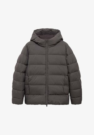 Šedá, vyp padded bunda s kapucňou, s plným predným zipsom a prešívaným dizajnom. Mäkká textúra s teplým, izolačným vzhľadom.