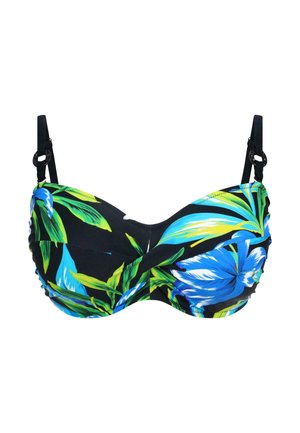 Black bikini top with colorful tropical leaf pattern in blue and green, featuring molded cups and adjustable black straps.