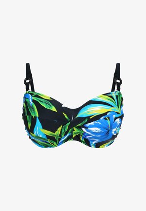 Černý bikiny top s tropickým květinovým potiskem v modré a zelené barvě. Hladký materiál s kosticemi, nastavitelnými ramínky a řasením.