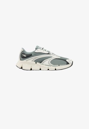 Lichtgrijze en witte sportschoen met een bovenwerk van mesh, dikke gesegmenteerde zool en het Reebok-logo op de zijkant en tong.