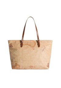 Borsa tote beige con manici in pelle marrone, caratterizzata da una stampa di una mappa del mondo d'epoca e illustrazioni di navi nautiche sulla superficie.