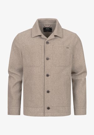 Beżowa kurtka z wełny z prostym krojem, czterema przednimi kieszeniami, zapięciem na guziki i klasycznym kołnierzem.