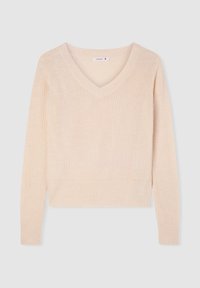 Jasnoróżowy sweter z dzianiny z dekoltem w serek, długimi rękawami i prążkowanym wykończeniem. Posiada luźny krój i teksturowany wzór na całej powierzchni.