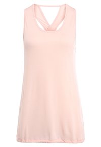 Jasnoróżowa bezrękawnik wykonany z miękkiego materiału, z okrągłym dekoltem i krzyżującymi się ramiączkami z tyłu.