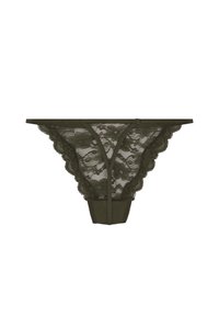 Olijfgroene kant string met bloemenpatroon, met golvende randen, een doorzichtige voorkant en een effen achterpaneel. Dunne tailleband.