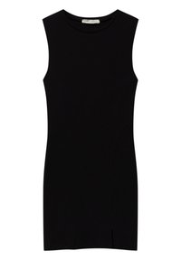 Robe fourreau noire sans manches, longueur au genou, avec un col rond et une petite fente latérale, fabriquée en tissu lisse.