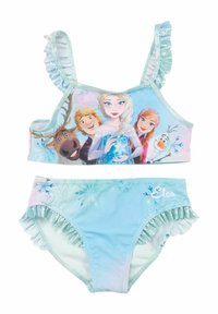 Costume da bagno a due pezzi con una base azzurro chiaro, spalline arricciate e una stampa di personaggi di "Frozen". Accentuato con rifiniture glitterate e fiocchi di neve.