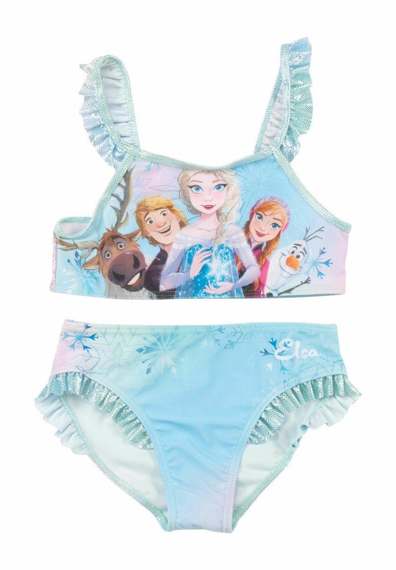 Costume da bagno a due pezzi con una base azzurro chiaro, spalline arricciate e una stampa di personaggi di "Frozen". Accentuato con rifiniture glitterate e fiocchi di neve.