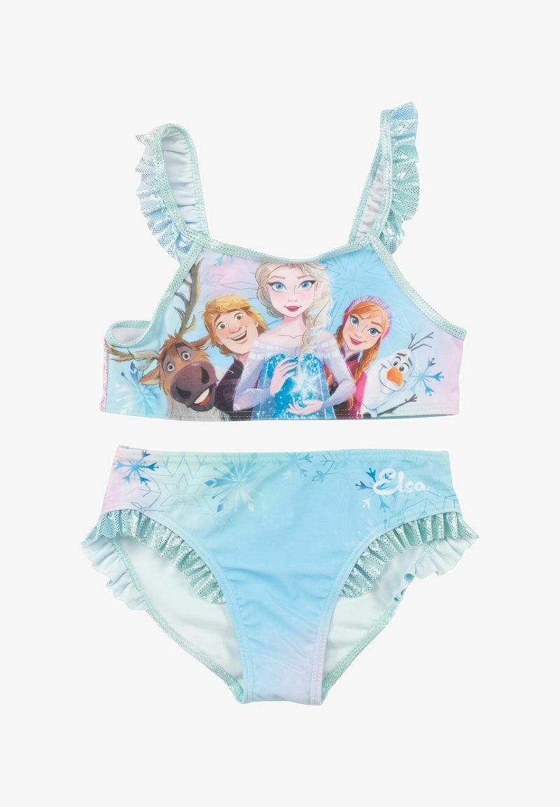 Costume da bagno a due pezzi con una base azzurro chiaro, spalline arricciate e una stampa di personaggi di "Frozen". Accentuato con rifiniture glitterate e fiocchi di neve.