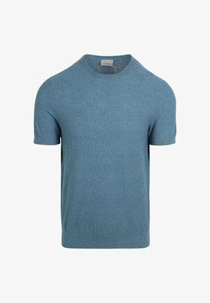 Lichtblauwe, korte mouwen ronde hals trui in een zachte, gebreide textuur. Heeft een eenvoudig, klassiek ontwerp met nette afwerking.