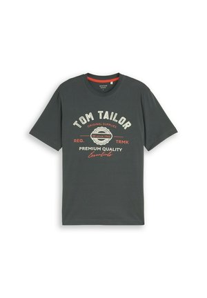 Dark gray short-sleeve T-shirt with round neck and printed text "Tom Tailor Premium Quality Essentials" in white and red on front.