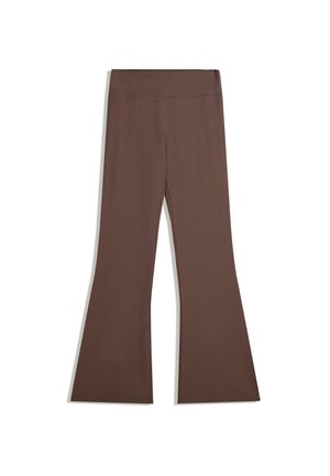 Brown high-waist pants with a fitted upper leg and flared bottom, displayed against a plain white background.