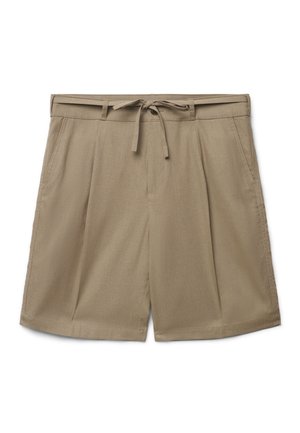 Shorts beige mi-longueur avec plis devant, poches latérales, passants pour ceinture à la taille et lien en tissu à nouer à la taille.