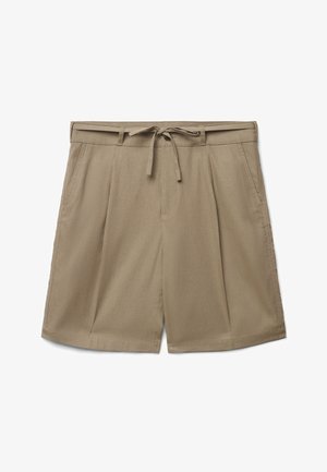 Beige knielange Shorts mit vorderen Falten, seitlichen Taschen, Gürtelschlaufen und einem Stoffbindeband an der Taille.