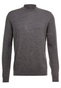 Dunkelgrauer Strickpullover mit langen Ärmeln, Stehkragen sowie gerippten Bündchen und Saum, auf einem schlichten weißen Hintergrund präsentiert.