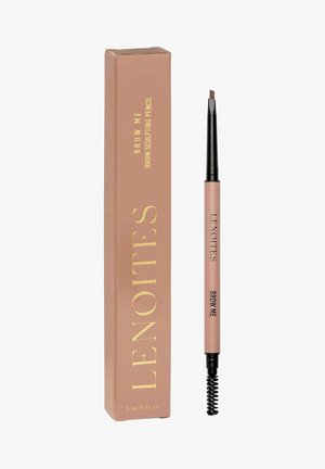 Lápiz para esculpir cejas en un estuche rosa claro con texto dorado; incluye una punta fina y un cepillo espiral para difuminar y dar forma.