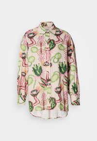 Langärmeliges Hemd aus leichtem Stoff mit einem bunten Blumen- und Blattmuster in Grün, Pink und Beige. Vorderseite mit Knopfleiste und klassischem Kragen.