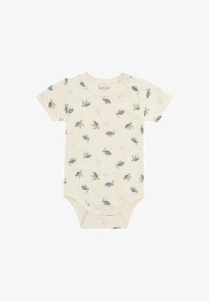 Bodie per neonati a maniche corte color crema con motivi di tartarughe marine blu e grigie e bolle, con bottoni a scatto sulla spalla e all'inguine.