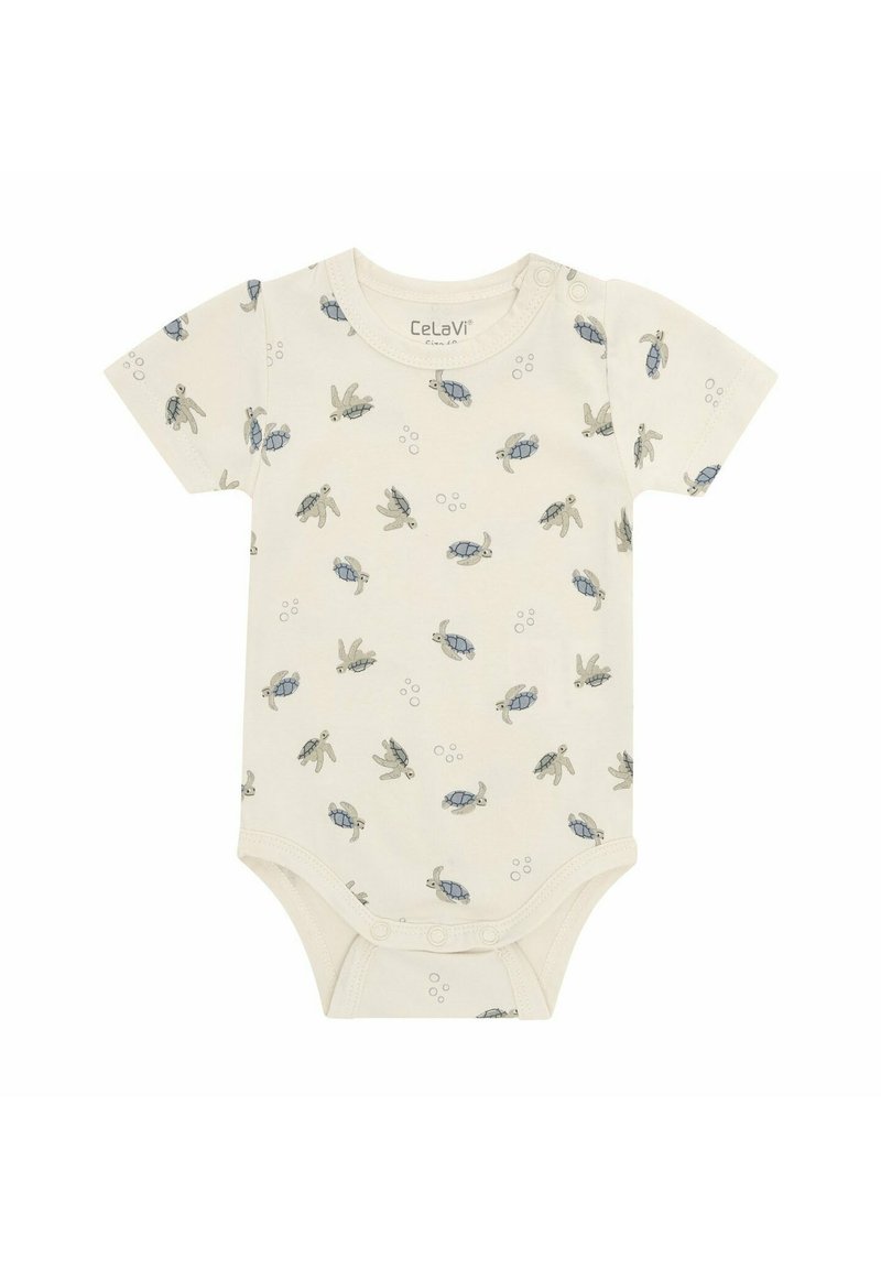 Body bébé à manches courtes de couleur crème avec motifs de tortues marines bleues et grises ainsi que des bulles, équipé de boutons pression sur l'épaule et à l'entrejambe.
