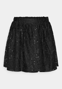 Svart spetskjol med blommönster och små paljetter, med elastisk midja och en lätt utsvängd silhuett.